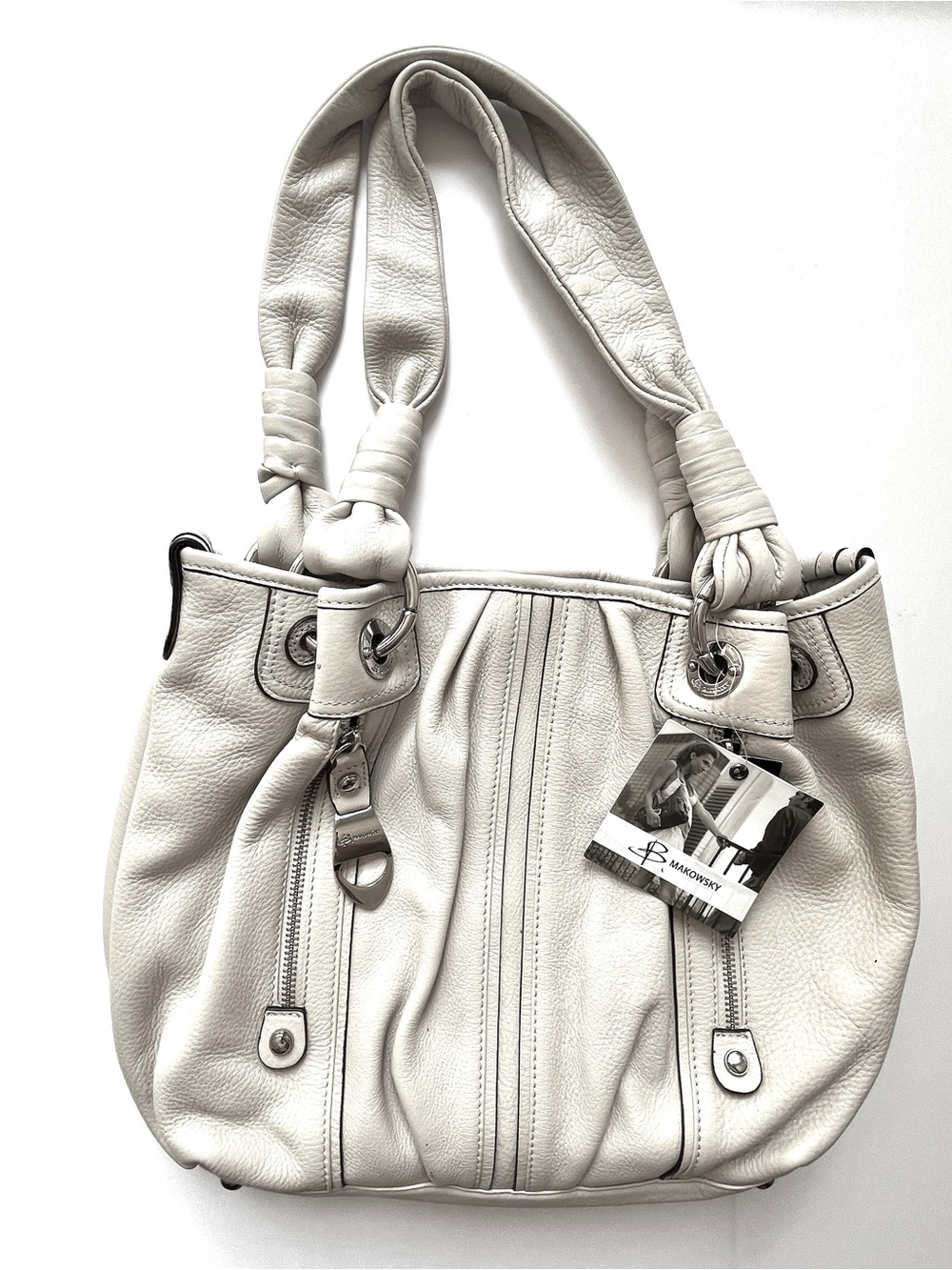 NWT B. Makowsky Cream Beige Pebbled Leather Slouchy Hobo Shoulder Bag